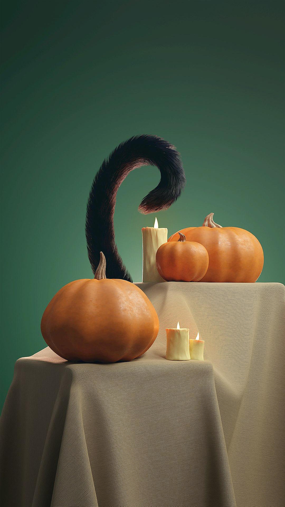 Photorealistic still life of two pumpkins and three candles on a table with the hair of a long black tailed cat, green background, minimalism, studio photo in the style of studio photo.