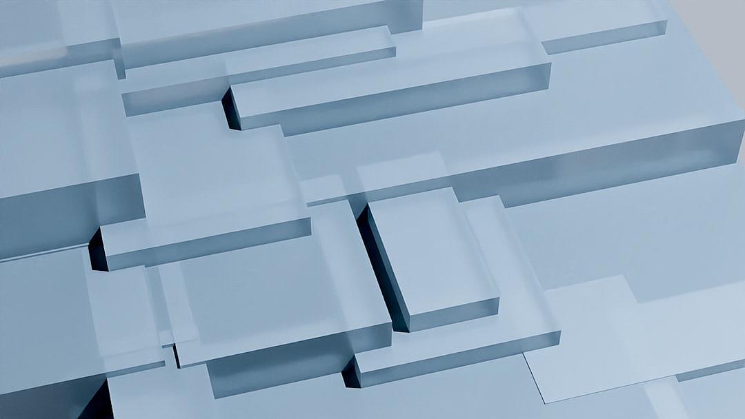 A minimalistic 3D rendering of overlapping squares and rectangles, representing the complexity of data, set against an abstract background with soft lighting to highlight depth in shades of light blue. The simple yet sophisticated design focuses on geometric shapes for visual appeal, suitable as a backdrop or wallpaper for digital media. It is in the style of soft lighting to highlight depth through shades of light blue.