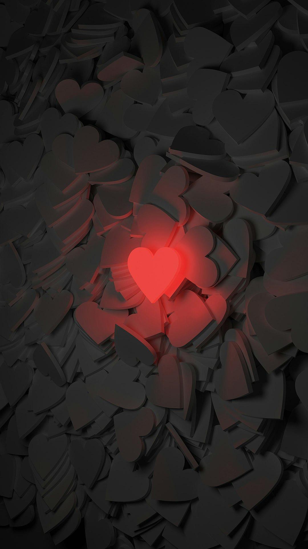 A large pile of broken hearts, with one glowing red heart in the center, symbolizing love and resilience.. Minimalist background, black color theme.