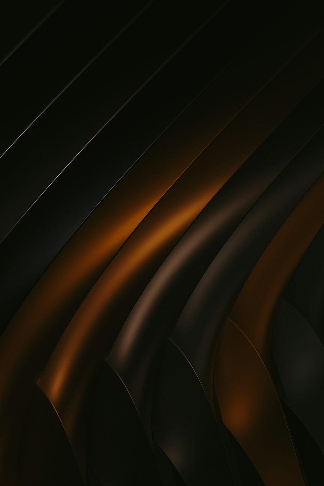 Dark background, black and brown gradient color, lines of light on the dark surface, dark orange gradient, curved shapes, simple and elegant style, luxurious wall decoration, wallpaper, high definition