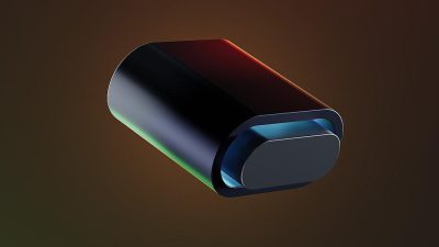 A matte black, rounded rectangular battery with an iridescent gradient of colors inside it floating in the air, against a dark brown background, rendered using Cinema4D and Octane Render for realistic lighting effects. The design is inspired in the style of [Dieter Rams](https://goo.gl/search?artist%20Dieter%20Rams)' sleekness and high-contrast aesthetic. High resolution.