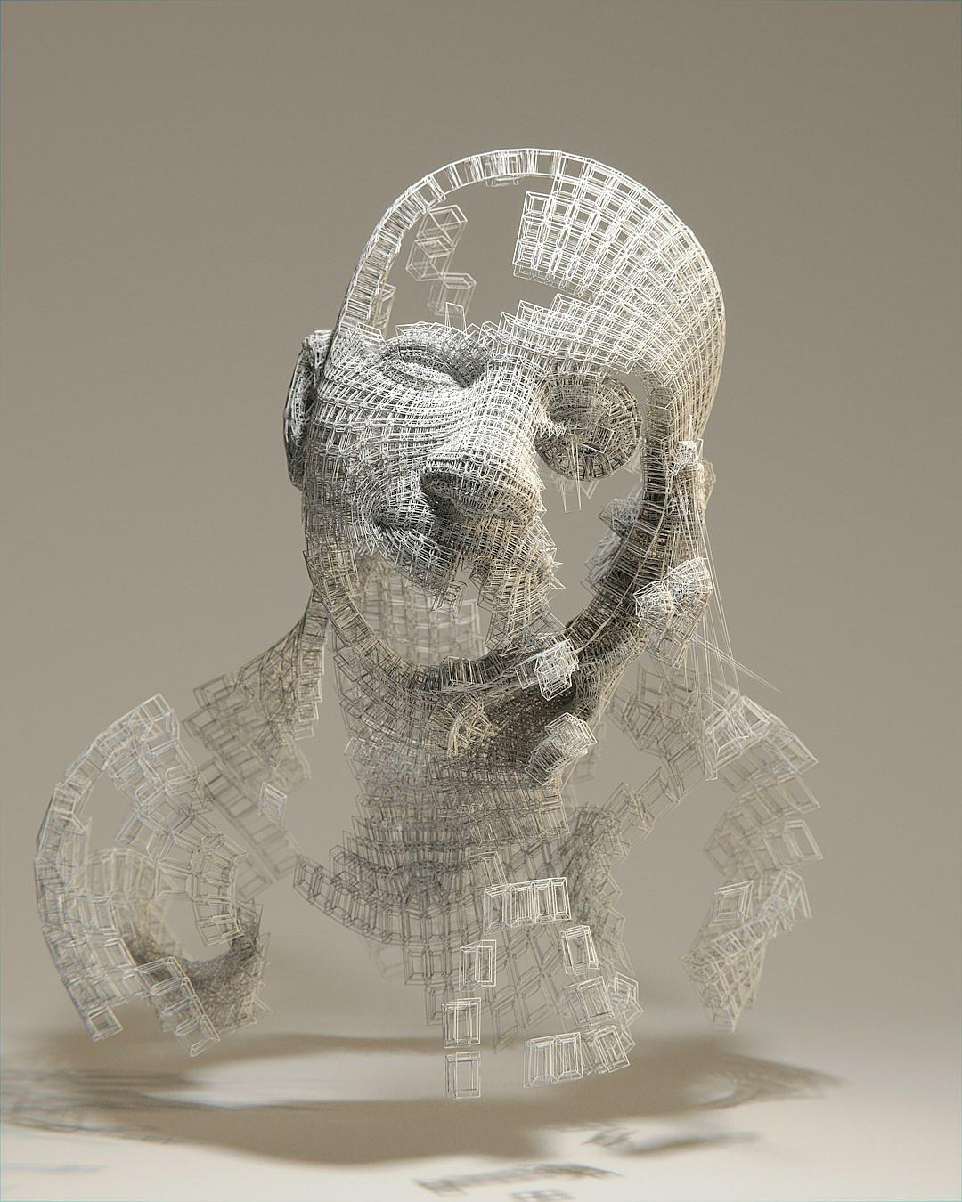 A wireframe sculpture of an abstract human head, made from interlocking pieces that form the shape and features in intricate detail. The wires are intricately woven to create patterns on its skin, eyes, mouth, ears, hair, fingers, hands, feet, toes, all rendered with high resolution and sharpness. It is set against a neutral background to highlight the detailed work and texture of each piece, creating depth and dimensionality in the style of an intricate wireframe sculpture.