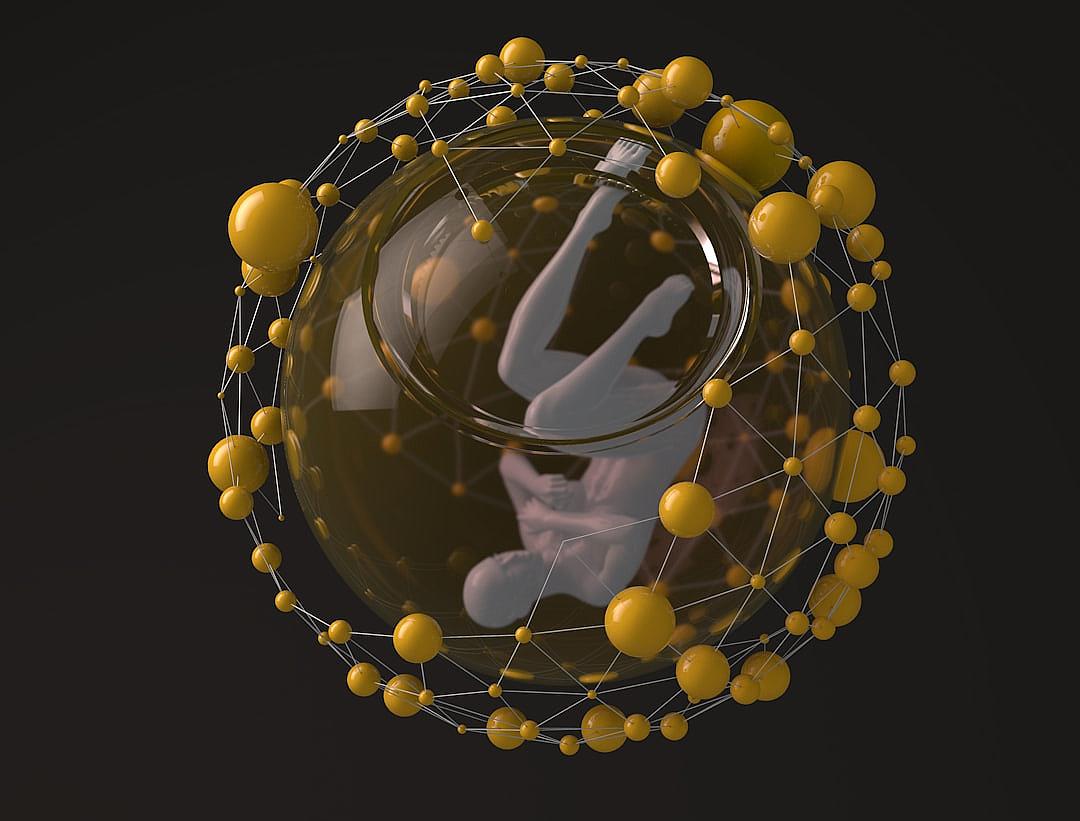 A human figure floating inside a transparent sphere made up of yellow spheres and network lines, rendered in the style of cinema4d, minimalistic design, rendered in the style of blender with a black background