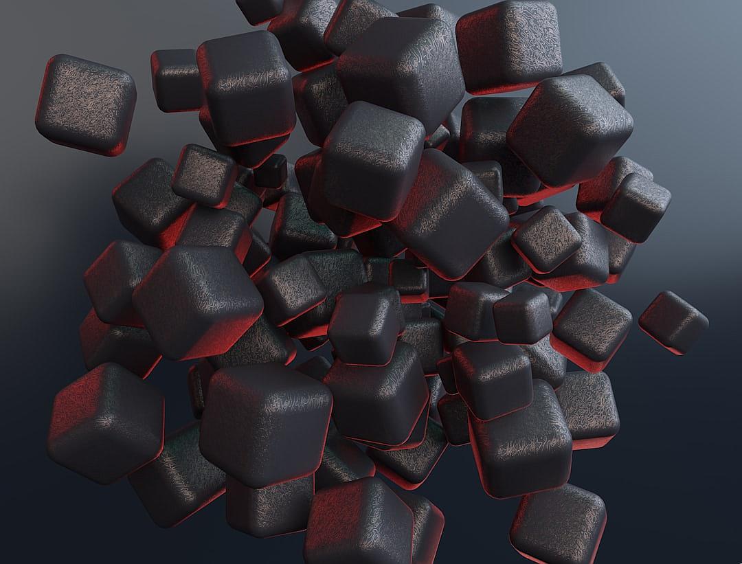 3D render of dark grey cubes with red edges, scattered in the air against a solid background in the style of hyper realistic minimal editing of the original text.