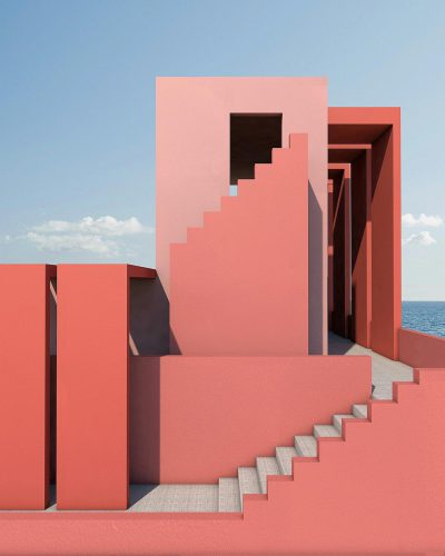 Minimalist architecture, a one-story building with stairs leading to the ocean, all painted in the style of coral pink.