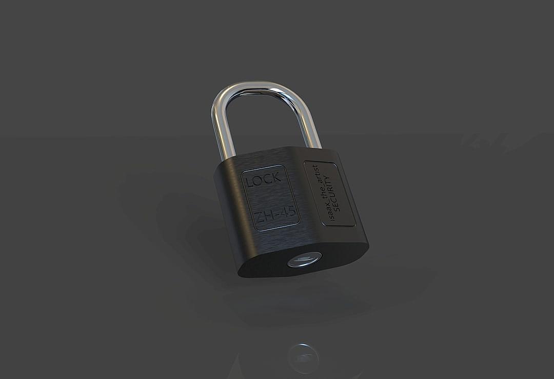 3D render of a padlock in a matte black color with “padlock” etched on it, on a plain background, created in the style of Blender and Unreal Engine with a hyper realistic style.