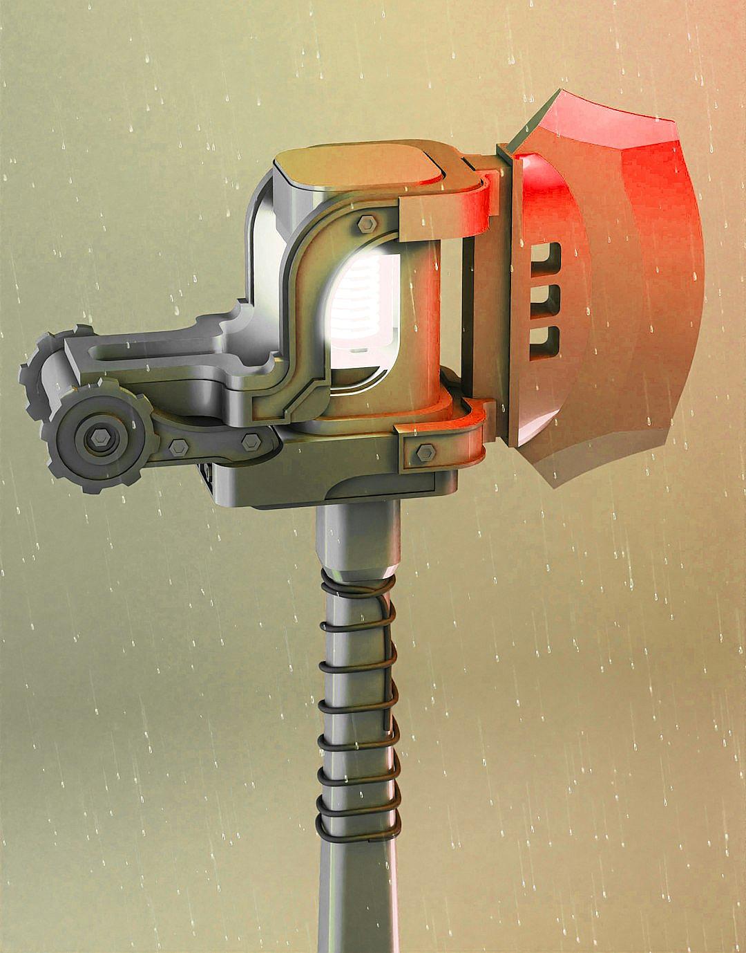 A futuristic hammer with an LED display on the head, a long handle and a large red lens for lighting up in rainy weather, concept art in the style of Pixar, cgsociety, character design sheet, cartoonish cutout