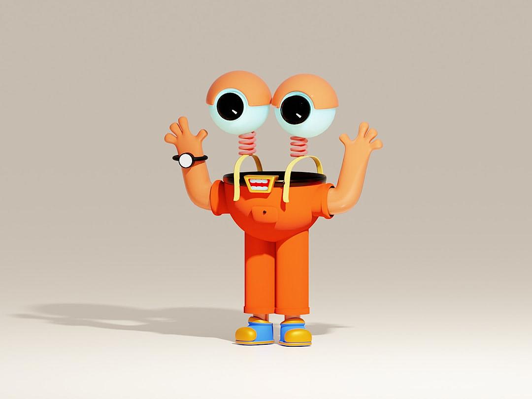 3D character design in the style of a cartoon with big eyes. The robot is wearing an orange jumpsuit and smiling with a wave of its hand in front of a white background. Soft lighting highlights its features. Rendered in Cinema4D. In the style of playful cartoon characters.