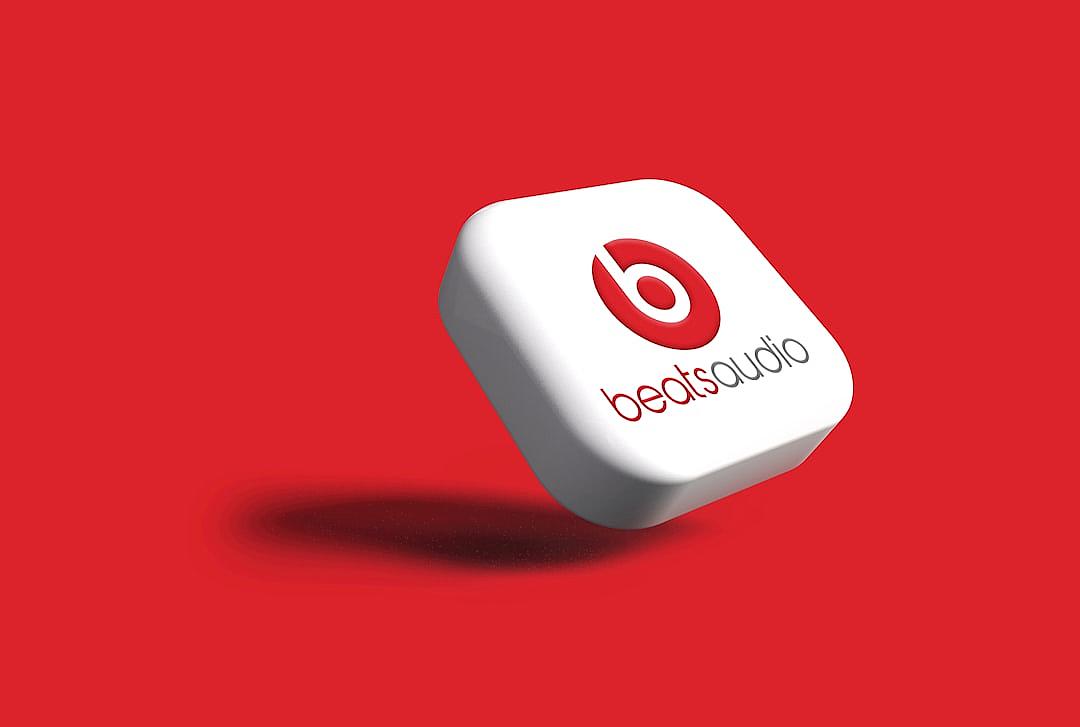 create logo for brand “beats studio”, white on red background, 3d icon style, floating element with apple product design in the middle of it and a small text that says”BEATSBio mixed ” Hasselblad X2D, hyper realistic photograph, cinematic light , soft shadows, no contrast, clean sharp focus, film grain, matte colors, hyper realistc photography, magazine cover shoot, 50mm f/4