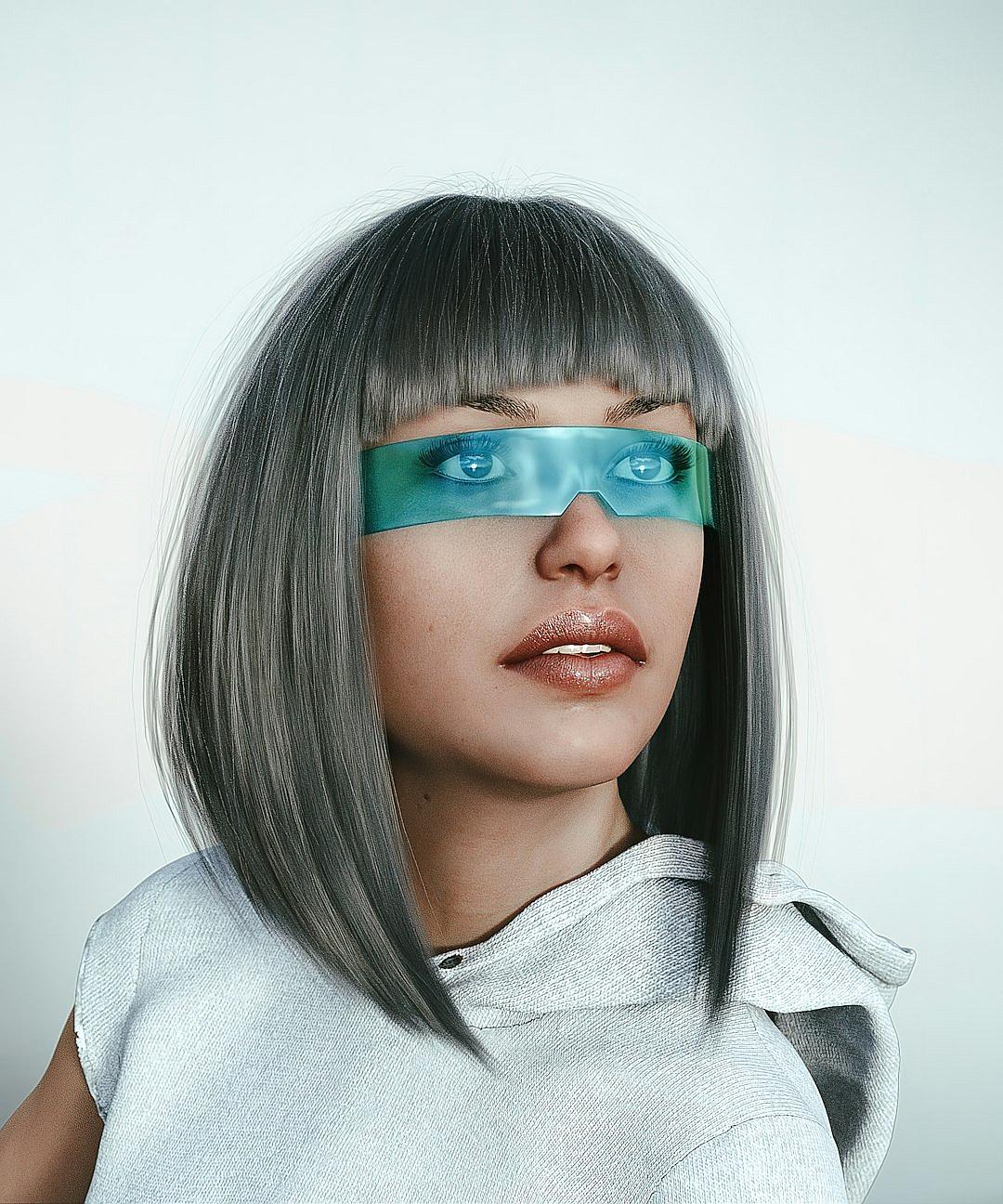 A realistic photo of a beautiful woman with straight silver bob hair and bangs, wearing blue-turquoise glasses in front of her eyes against a white background. She is wearing futuristic  in a minimalistic style with soft light, shot in the style of Canon EOS R5.