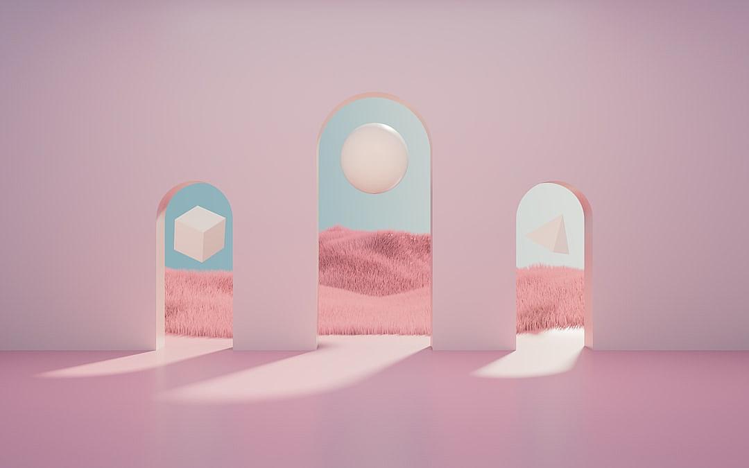 minimalist set design, three arches with a circle in the middle and two cubes on each side, pastel pink and blue colours, three dimensional textured surfaces, a light purple background, a small patch of grass inside one archway, flat lighting, minimalist aesthetic, in the style of minimalist aesthetic.