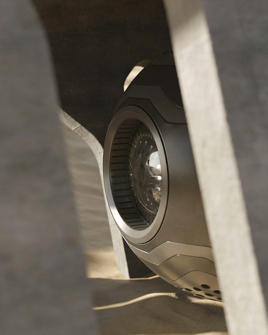 A closeup of the interior design of an electric car, showcasing its large wheels and futuristic style. The scene is captured from behind two concrete pillars, with soft lighting highlighting details like silver metalwork and ambient light creating shadows on the ground. This perspective creates depth in space while emphasizing the sleek lines and contours of both vehicle and environment in the style of futuristic concept art.