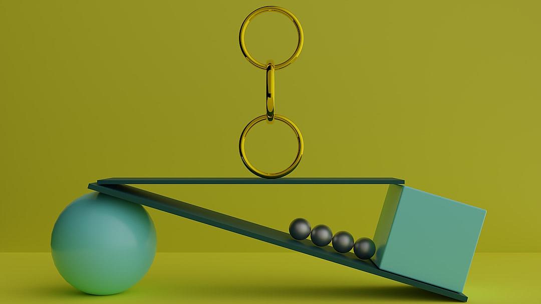 A balance scale with one side holding an object and the other end featuring three rings, symbolizing fun through geometric shapes. The background is a plain green color to highlight each element in detail. A blue sphere adds contrast against the yellow backdrop, creating visual harmony. This scene captures simplicity while emphasizing details of design elements in the style of minimal editing.