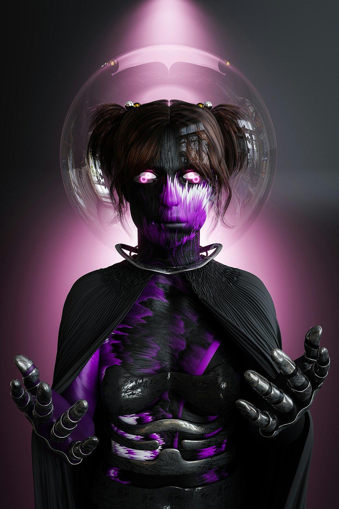 a purple and black female alien with glowing eyes wearing an open bubble helmet, dark hair in pigtails, covered from the waist up, holding her hands out to embrace you, photorealistic