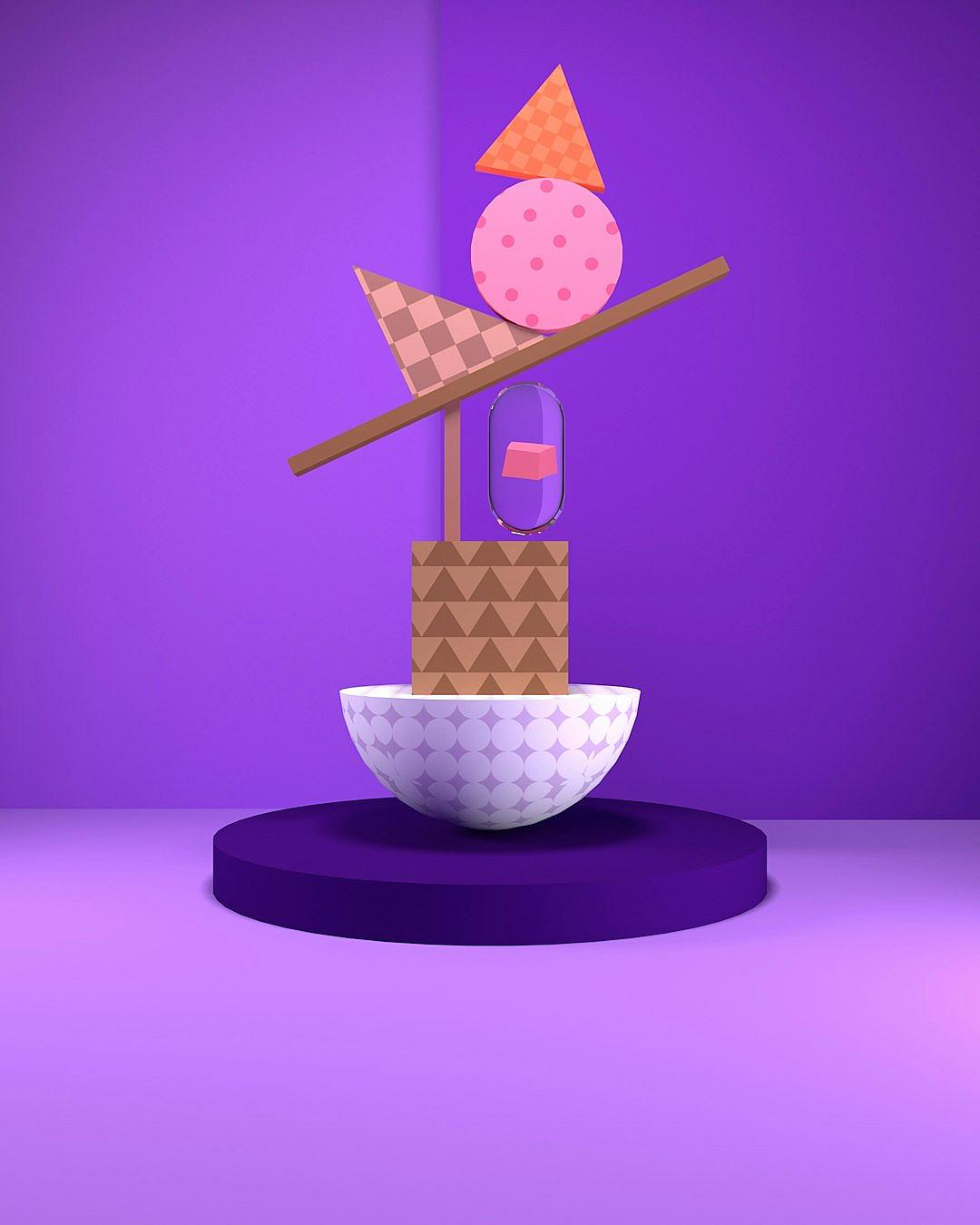 A minimalistic, whimsical scene of balance with geometric shapes and purple background. A bowl is balancing on top of the scale, holding an ice cream cone. The scales playfully stand in sharp focus against a solid backdrop. This design captures the essence of playful use of form and color in contemporary art pieces. It is an illustration that plays with visual symmetry through its balanced composition in the style of minimalist, contemporary art.