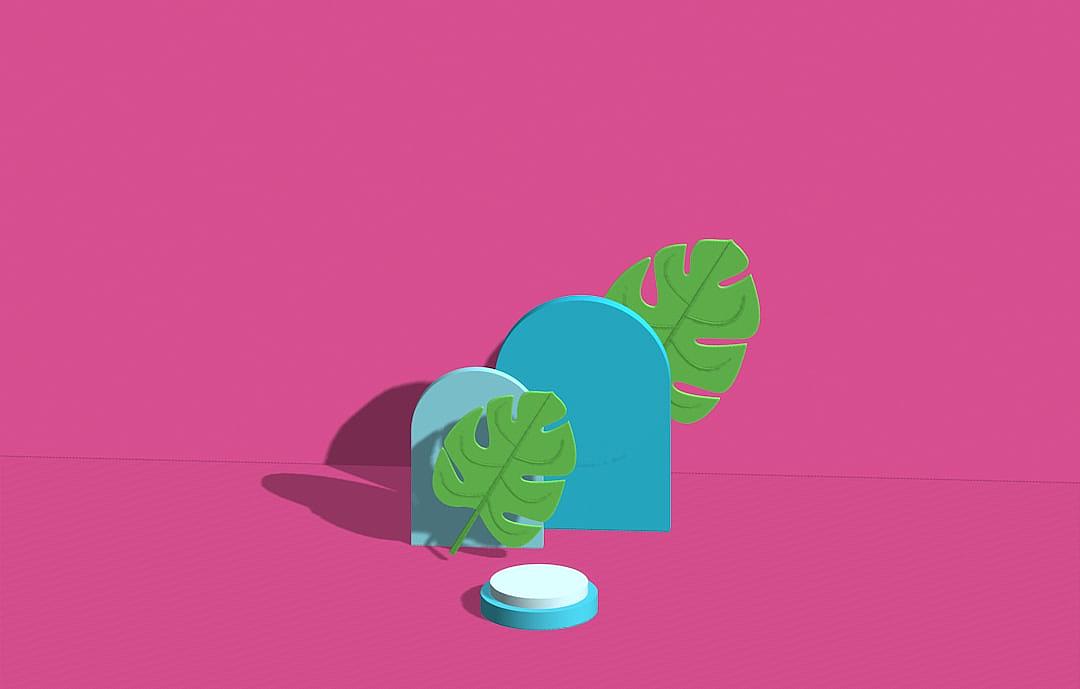 A simple composition of two geometric shapes in turquoise and pink, with a monstera leaf on the right side. The background is a plain magenta, creating an elegant atmosphere. A small podium stands below, adding depth to the scene. This design could be used for product display or branding in promotional materials in the style of minimalist design.