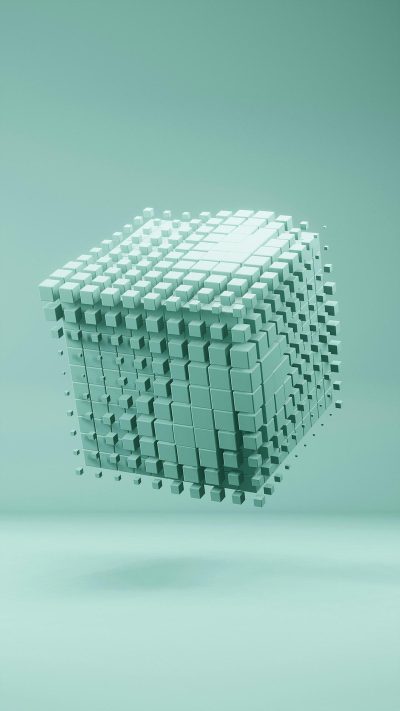 A floating cube made of small cubes on a light green background with a simple design rendered in 3D with high resolution photography in the style of a minimal concept with a low depth of field and a geometric composition with soft shadows on a neutral color palette lit with white lighting rendered with octane rendering on a clean and minimalist background with volumetric lighting created in Cinema4D in the style of being hyper realistic and high definition.