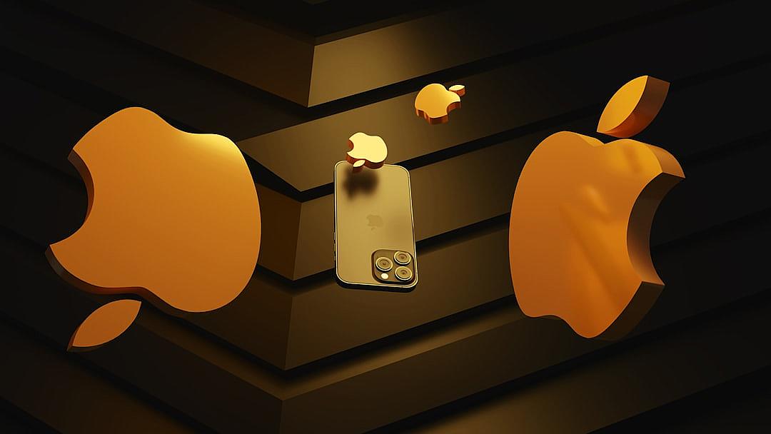 A threedimensional golden iPhone logo is placed on the left side of an appleshaped black wall, with two orange apples next to it. The background color is dark gold and there’s no other light source in front of the camera. It has strong perspective, high contrast, and threepoint lighting effects. There should be shadows under each leaf.,,in realist details, hyperrealistic scifi, lively street scenes, orange white and blue