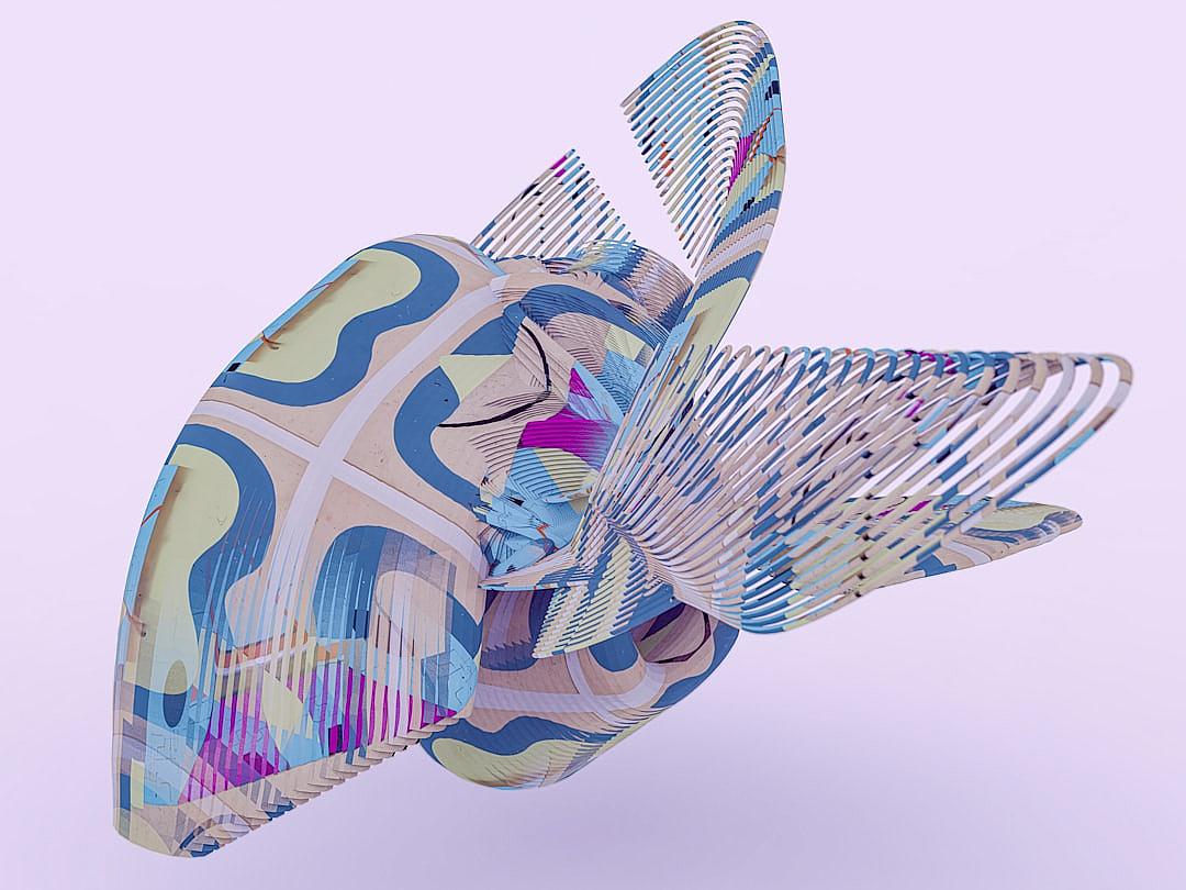 A cutout of an abstract geometric fish, with its head pointing upwards and wings spread out in the style of playful patterns, with contrasting colors of blue and purple on white background, 3D rendering, rendered using Blender, set against a light pink backdrop. The pattern is designed by artist Kric layered paper with colorful designs, adding depth to each wing, creating a sense of movement when viewed from different angles. It has been created as vector art for print material design, focusing on quality and detail.