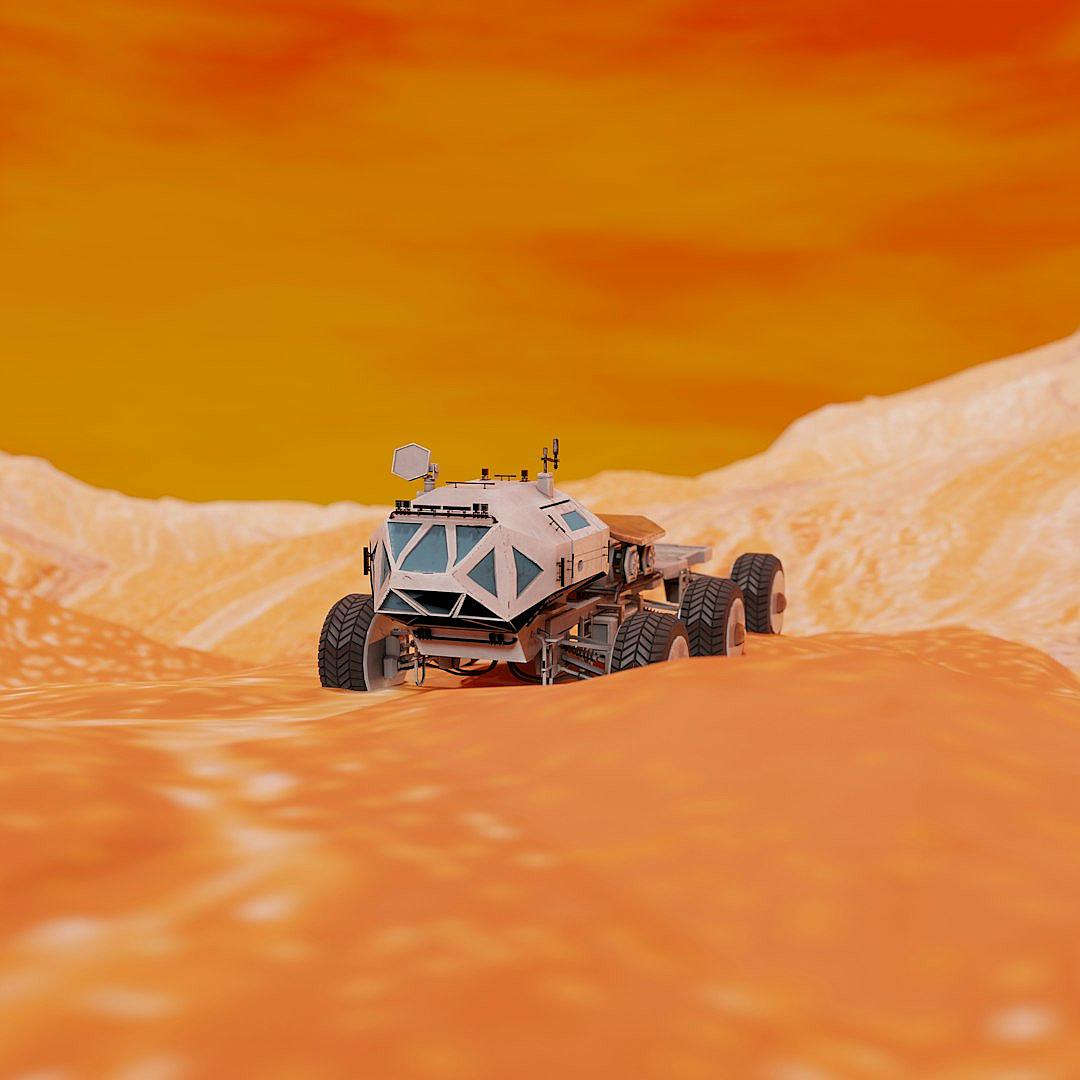 A futuristic vehicle is driving on the surface of Mars, with an orange sky in the background. The scene is rendered using C4D OC renderer and has a square composition. It has an ultra realistic feel, showcasing the detailed texture of sand dunes. This high-definition image showcases the design style of science fiction aesthetics in the style of science fiction.