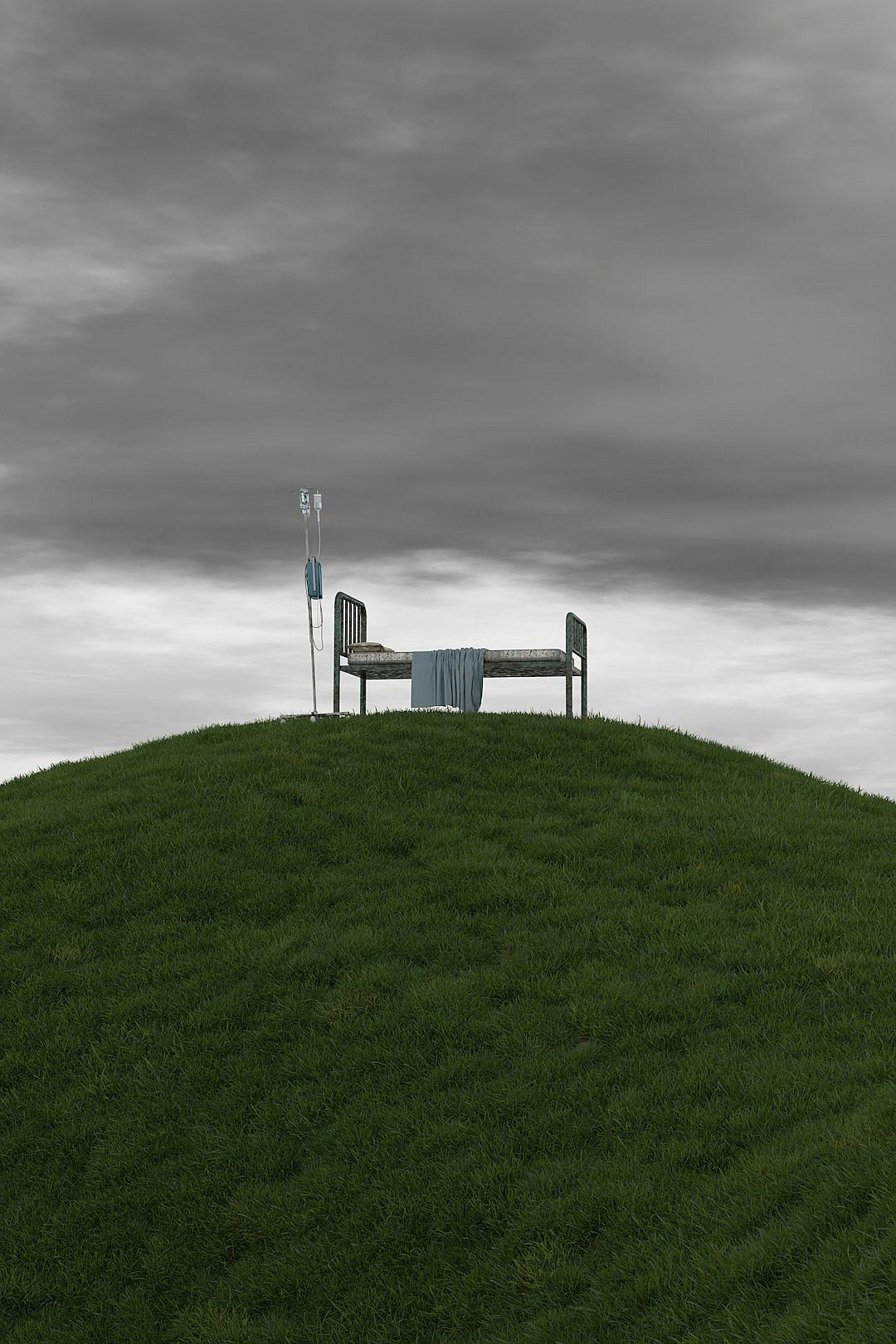 A bed and an IV stand on a grassy hill, with a dark grey sky, in a minimalistic, hyper realistic style.