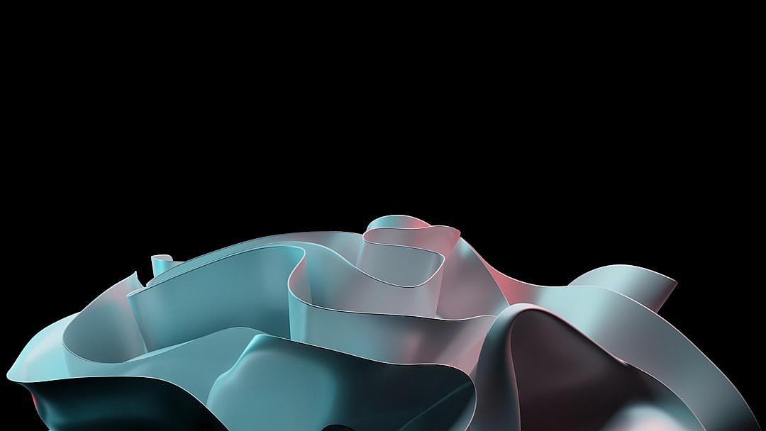 3D render of an abstract shape, isolated on a black background, in the style of product photography, with a turquoise and pink gradient color, volumetric lighting, minimalistic design, in the foreground is a piece of plastic material with waves and ripples, rendered in Octane, high resolution