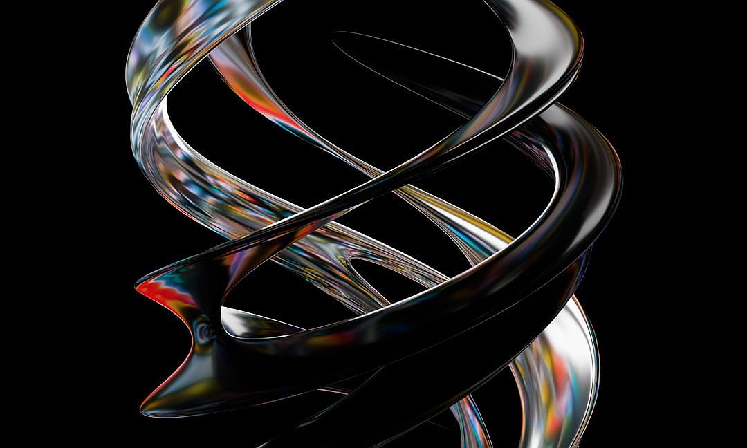 Abstract chrome sculpture of two intertwined ribbons, black background, colorful reflections, 3D rendering, high resolution, highly detailed