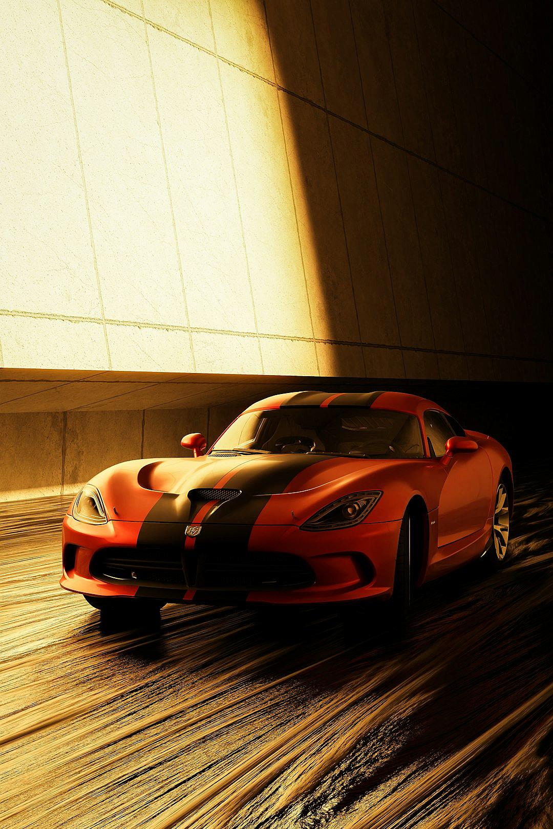 2013 Dodge Viper Gts, orange and black stripes in an empty room, sun coming through the window, dust on floor, high resolution photography, ray tracing, soft shadows, natural lighting, HDR, unreal engine v5 render,