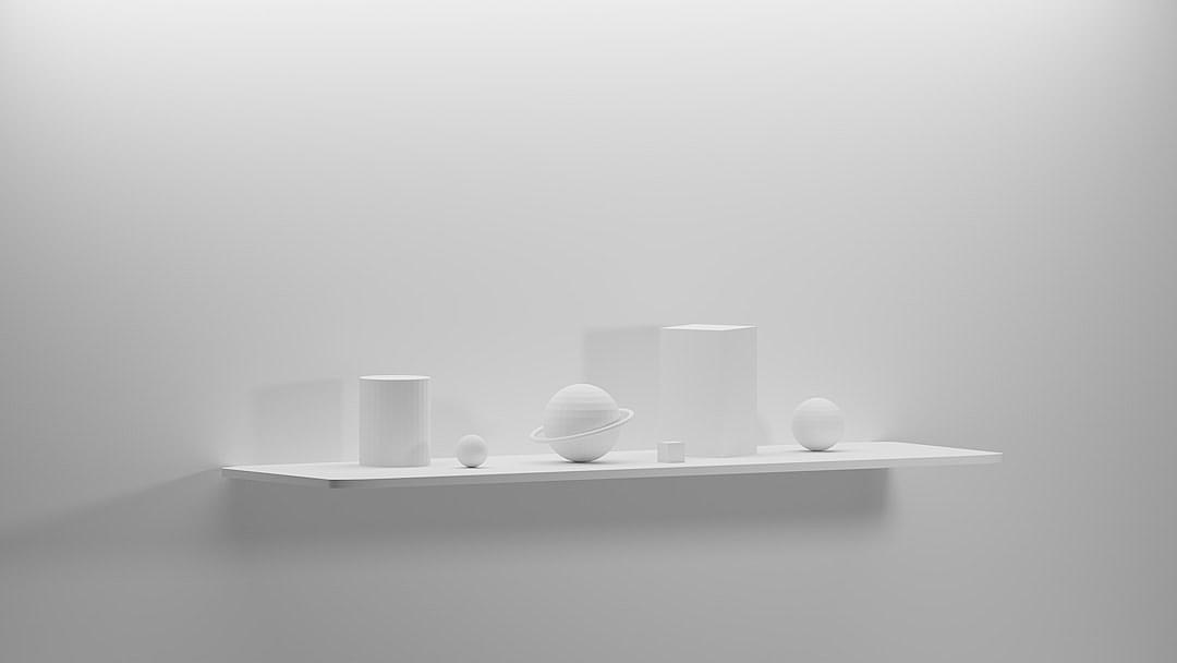 A white shelf with minimalist objects, set against an all-white background. The scene includes three different geometric shapes placed on the shelf – one sphere and two cylinder shapes of varying sizes. They appear to be floating in midair, creating an illusion that they levitate above the surface of the wall. There is no text or other elements present, emphasizing simplicity and clean lines. This minimalistic setup creates a sense of calmness and focus within the space. The scene has the style of an artist known for simplicity and clean lines.