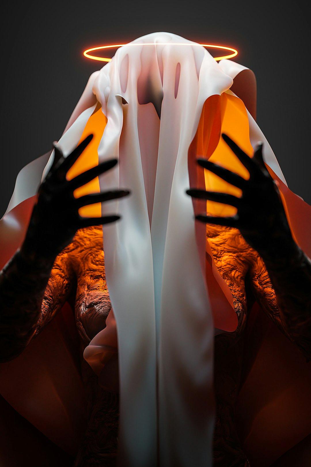 a woman’s body wrapped in white cloth with orange light shining from her hands, her head is covered by an arch of two long black fingers coming out the top and bottom sides of it, dark background, hyper realistic photography