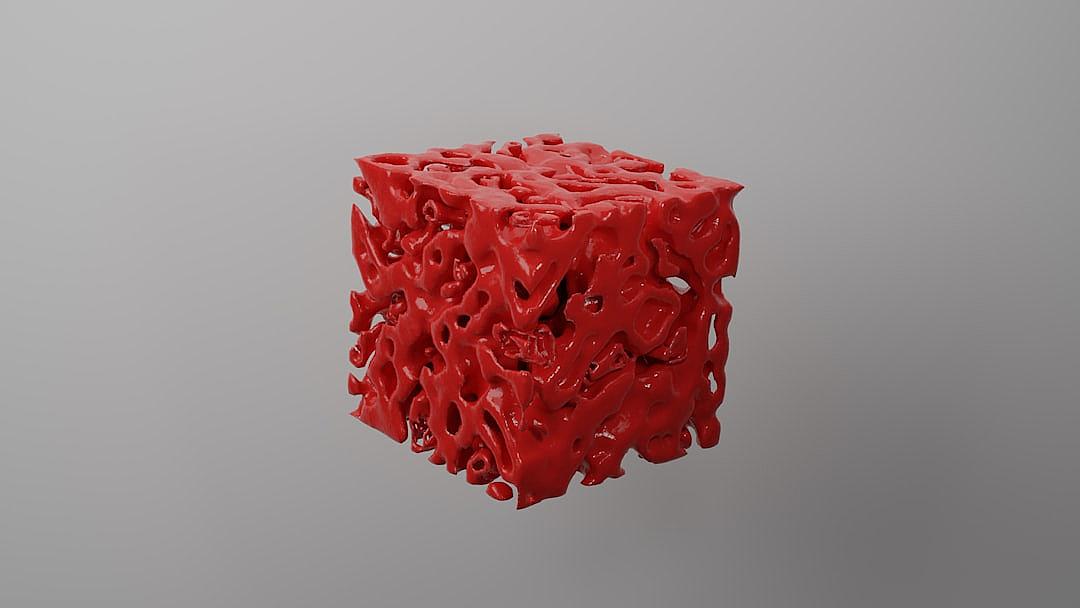 3d render of red cube made from lots of tiny organic shapes, white background, blender, cinema4D, octane renderer, simple