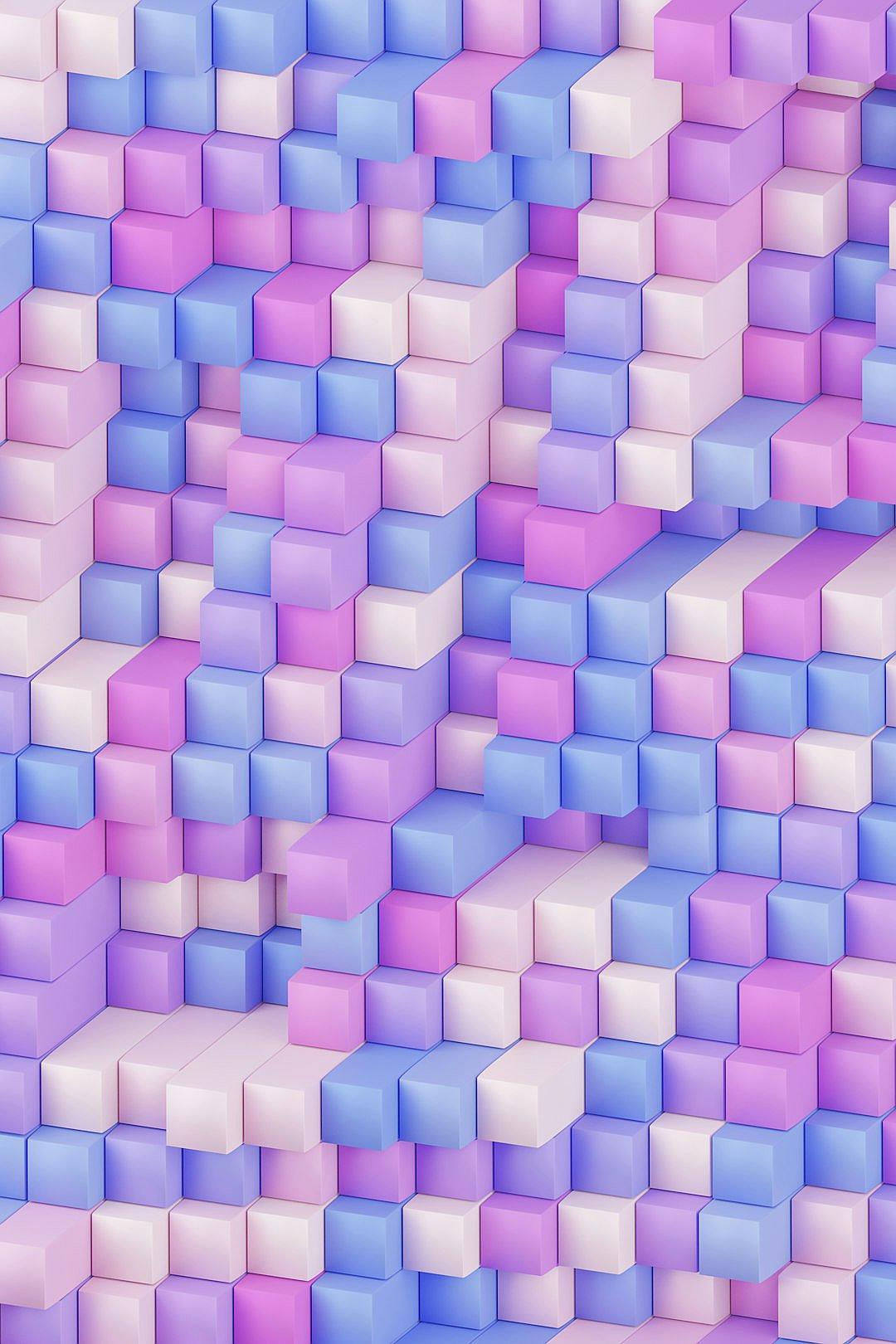 3D render of pastel blue, pink, and purple cubes arranged in the pattern of an iPhone wallpaper in the style of an abstract digital artwork.