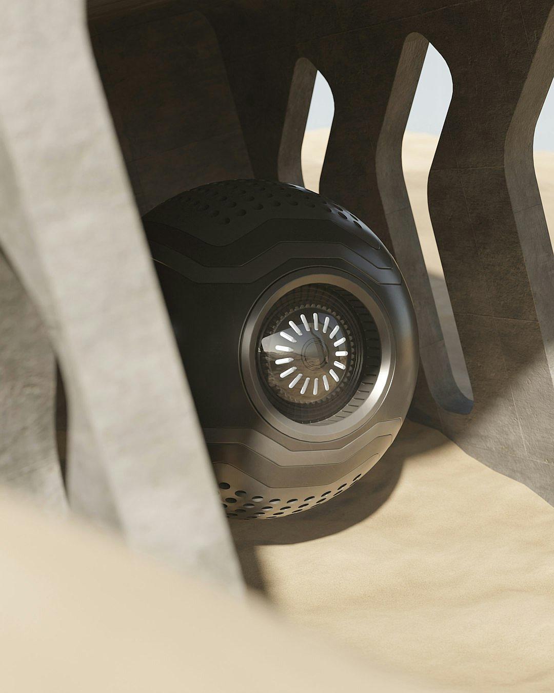 a close up of an air”, ferrania p30, a futuristic building with circular shapes, sand dunes, and dark gray color scheme, low angle view, inside the car engine is visible, detail rendering, octane render, monochrome