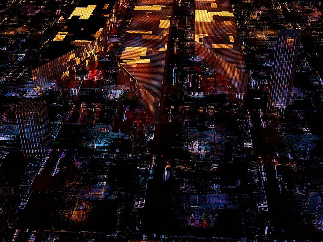 Digital art of an aerial view night cityscape with glowing gold and red lights, where buildings are made up of digital squares, creating intricate patterns in the urban landscape. The scene is captured from above by night photography techniques, emphasizing light reflections on glass surfaces and adding depth to the dark background.