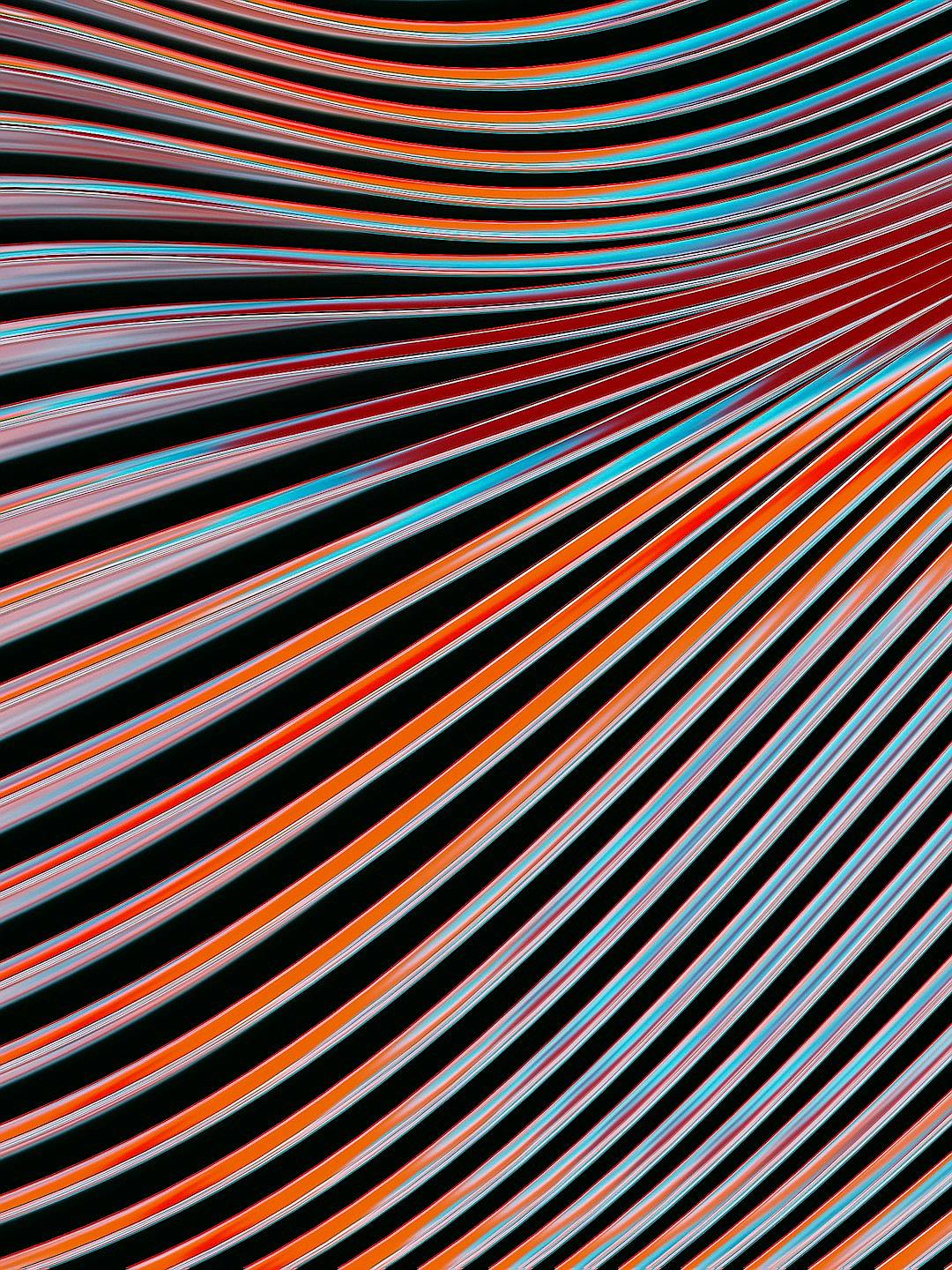 A pattern of colorful lines, long exposure photography in the style of illustration, dark background, stripes and shapes, high resolution, symmetrical composition, linear perspective, dynamic, high saturation, strong contrast between light and shadow. The black backdrop is filled with lines of different colors and sizes. They form various patterns such as curved curves, straight lines, waves or other forms, creating an abstract visual effect.