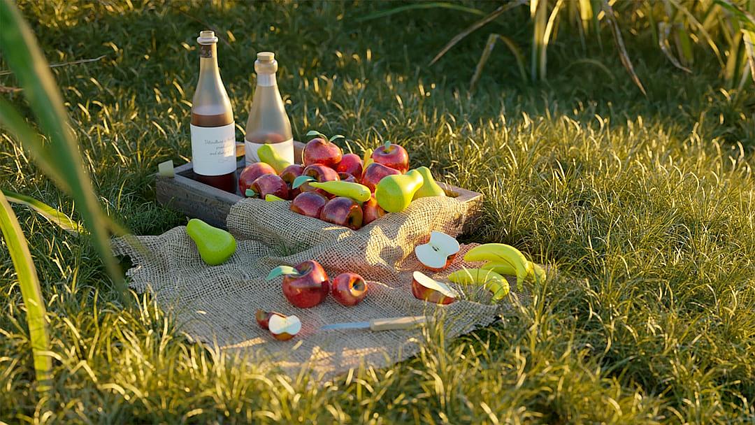 A picnic blanket with bottles of wine and apples, pears, green apple on it in the grass, hyper realistic in the style of octane render, unreal engine 5, cinematic