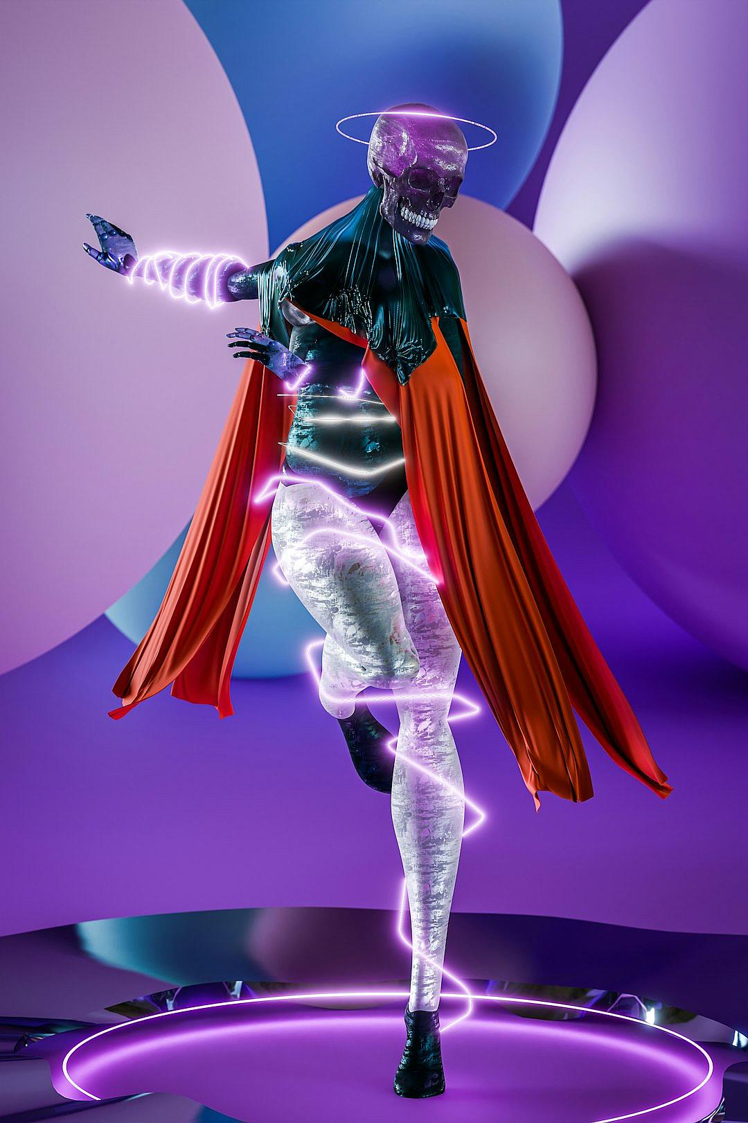 A full body photograph of an alien supermodel with glowing purple eyes and a transparent red cape, dancing on top of a sphere in front of her, against a purple background, with orange light rays, rendered in a photorealistic and hyper detailed style with volumetric lighting and a cinematic look.