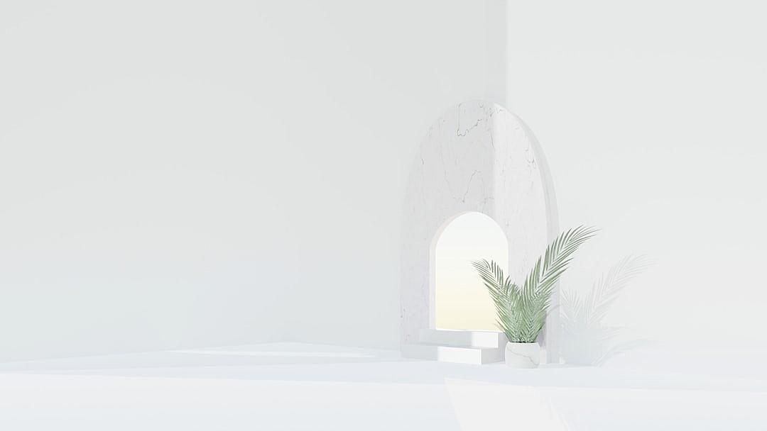 White background with an arched window and a palm plant on the right side, creating a minimal interior scene. The composition is centered around a white marble archway leading to another room, with a small indoor plant placed in front of it. It’s a 3D rendering with high resolution, showcasing clean lines and subtle lighting effects. This scene embodies minimalism and modernity in the style of a digital artist.