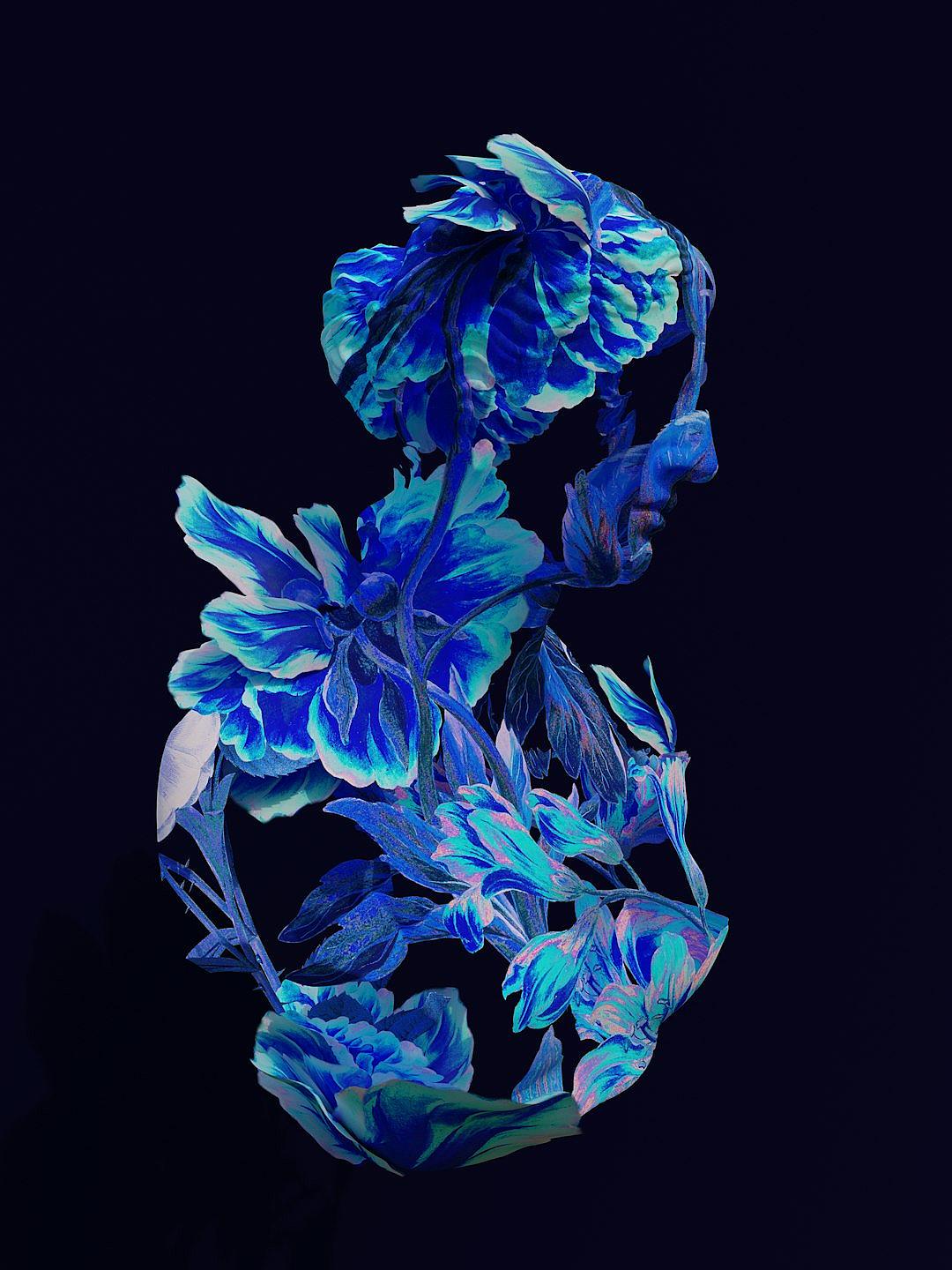 a blue holographic double exposure of an abstract floral design on black background, photorealistic illustration by neco and [Kentaro Miura](https://goo.gl/search?artist%20Kentaro%20Miura), blue color scheme, high contrast