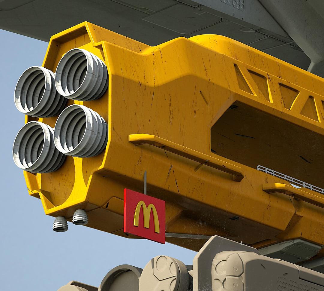 3D model of a giant yellow laser cannon with a McDonald’s logo, shot from below in a close up, in the style of Michael Bay.