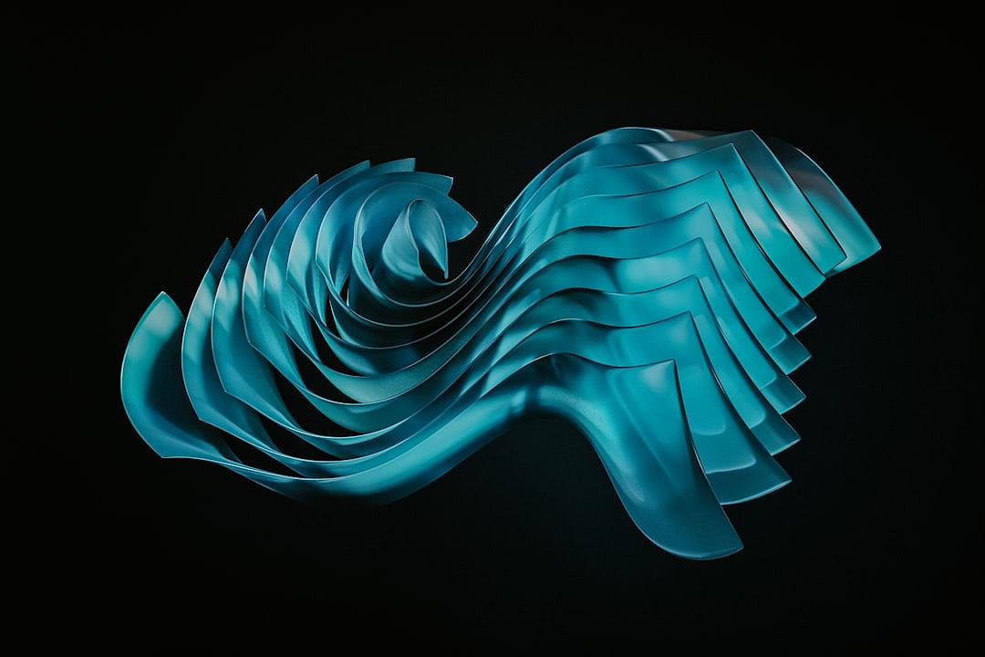 A cyan sculpture made of paper with undulating curves on a black background, rendered in the style of cinema4d with monochromatic shadows, flowing in dark turquoise and light blue lines forming a fluid form, rendered in the style of maya.