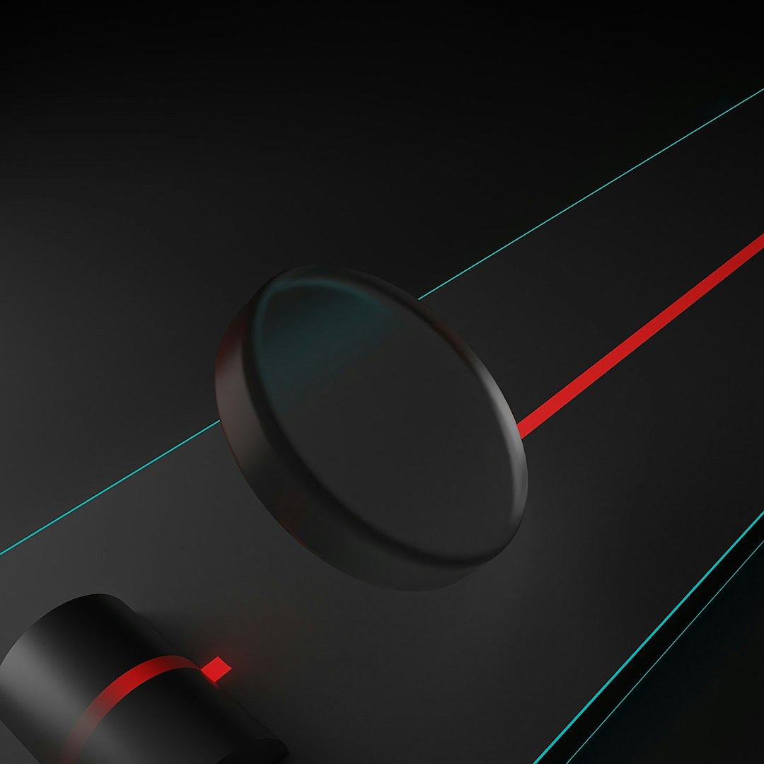 A minimalist illustration of an air hockey stick with a red line, designed in the style of [Dieter Rams](https://goo.gl/search?artist%20Dieter%20Rams) and made from black plastic, featuring a sleek design and futuristic aesthetics. The scene is captured in high resolution using the best camera lens and photography techniques to emphasize its elegant curves and smooth lines. It is set against a dark background, creating a dramatic contrast that highlights every intricate detail on the playhead.