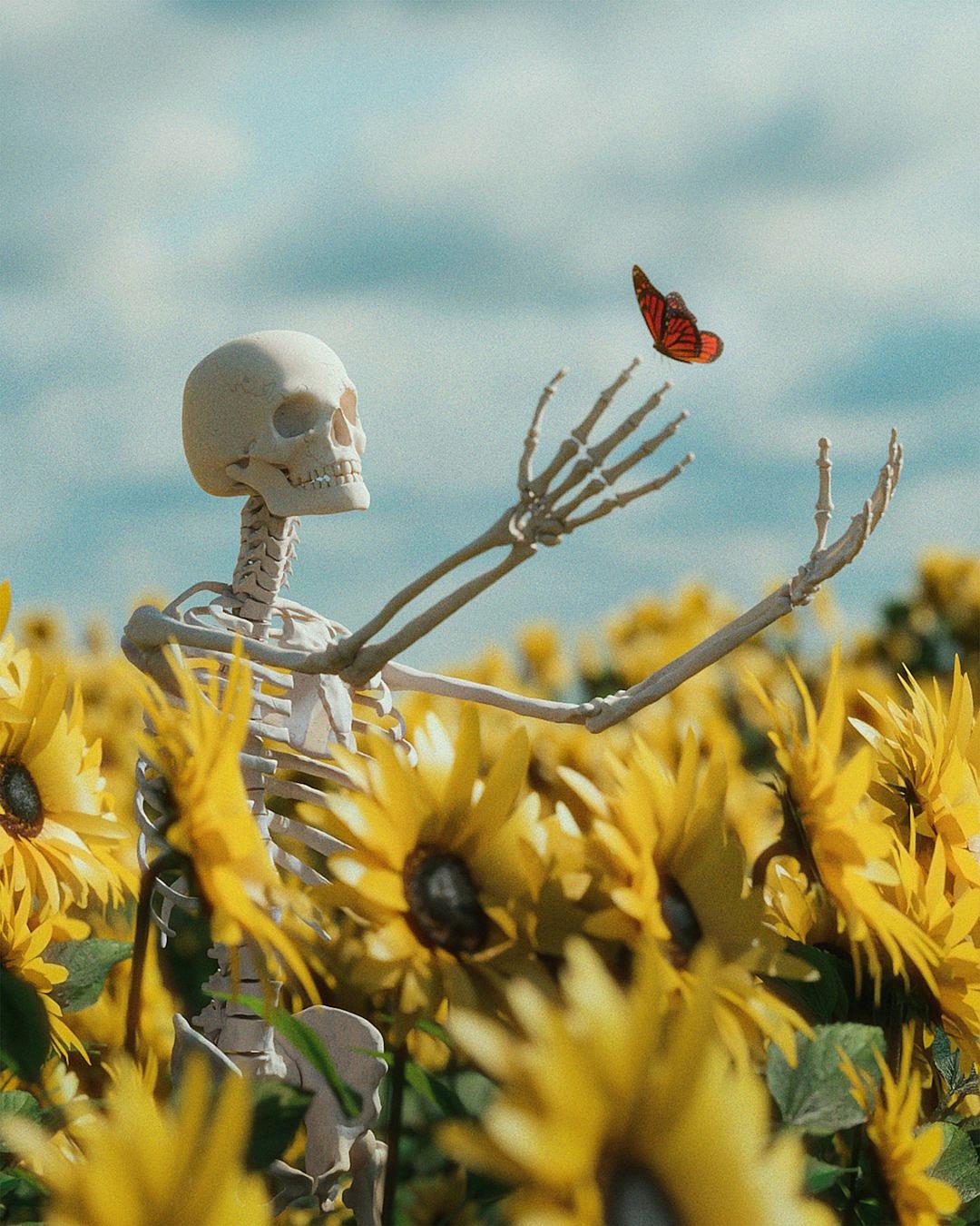 A skeleton playing with butterflies in a sunflower field, in the style of [Wes Anderson](https://goo.gl/search?artist%20Wes%20Anderson), with a yellow color palette, captured with wide-angle hyper realistic photography.