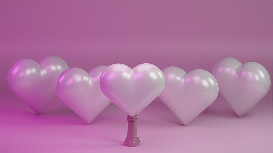 3D rendering of multiple white heart shaped balloons stacked on top of each other in front of a pink background. The bottom balloon is much bigger than the ones above it, creating an illusion that there is only one large balloon. In the middle part of the picture we see one grey metal pole with a base, which stands out against a light purple background.