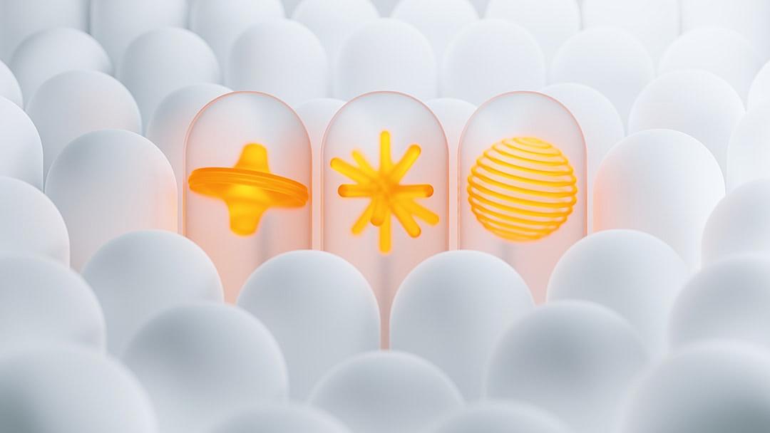 Three white capsule shaped pills with a yellow glow, each pill has an orange sun symbol on it. The background is filled with white eggs, creating a minimalist and modern aesthetic.