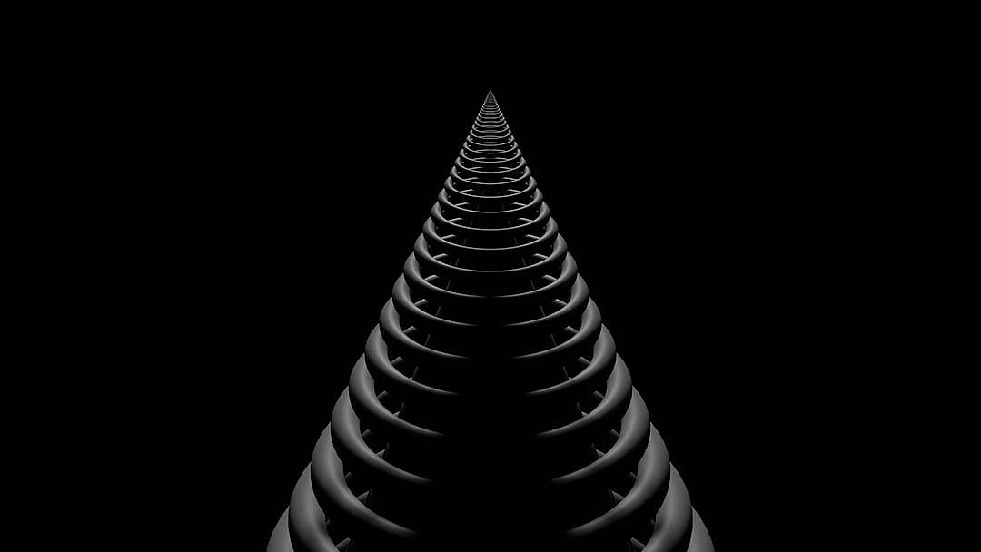 Black background, front view of an elongated cone made up of many spiral lines in the style of minimalism with simple shapes in a dark gray color and symmetrical composition. The photography is high resolution with hyperrealistic details and very sharp focus. There is no blur in the background and no bokeh effect. It is black and white with octane render, 3D rendering done in cinema4D at high definition.