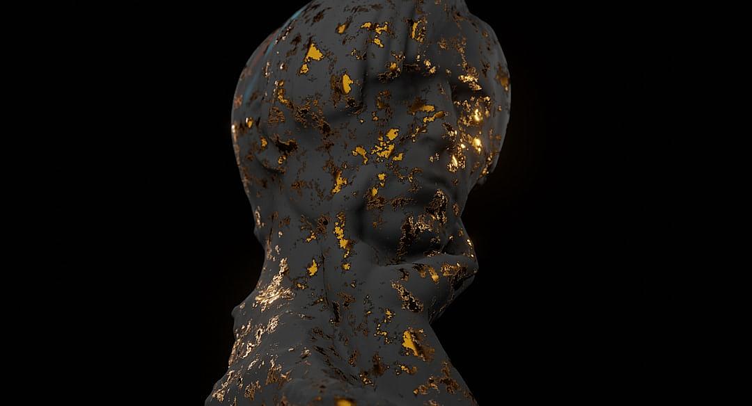 A black statue of an upper body, covered in gold and dark metal with some rust spots, looking to the right side, black background, rendered in the style of blender.