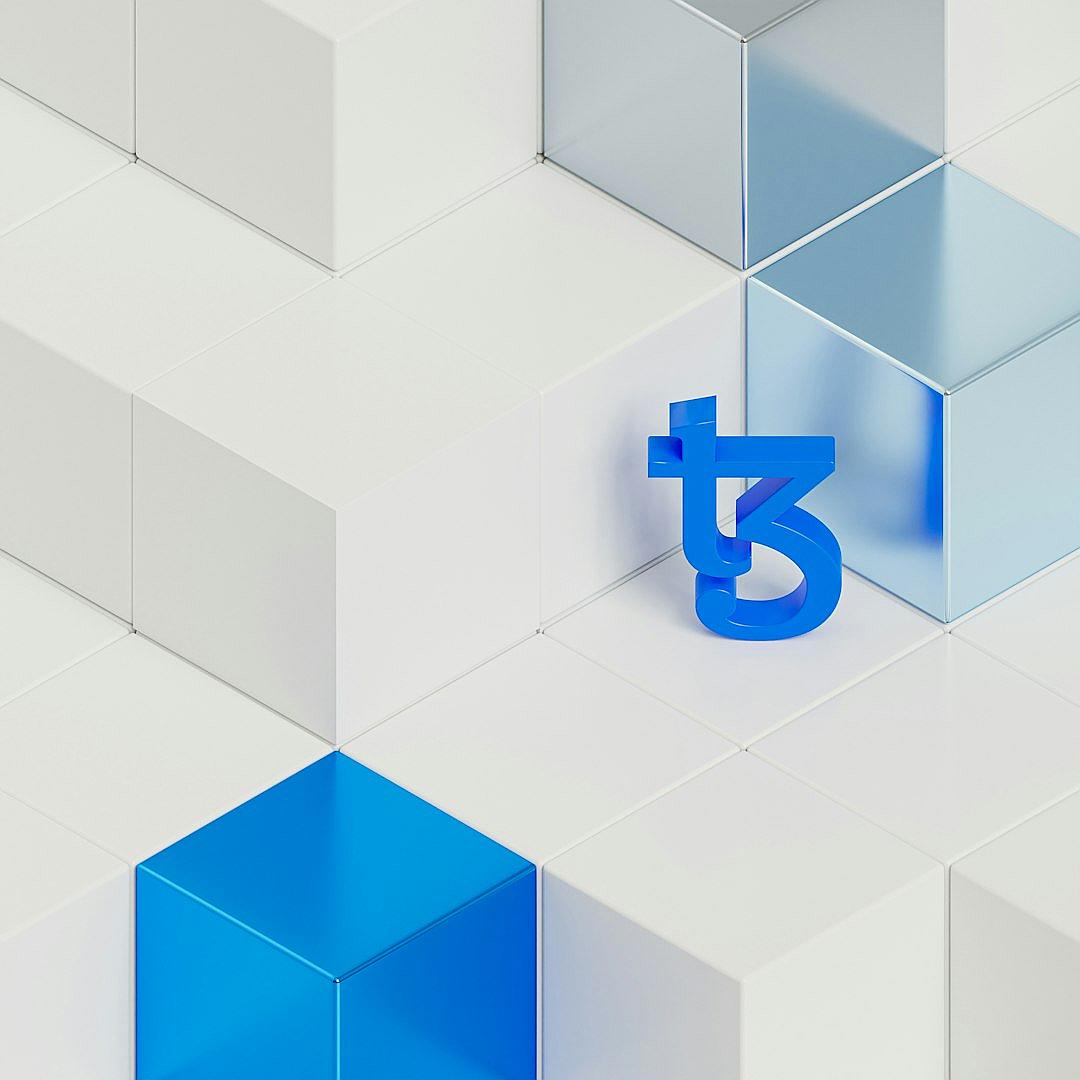 isometric blue and white logo of the letters T3, with cubes in background