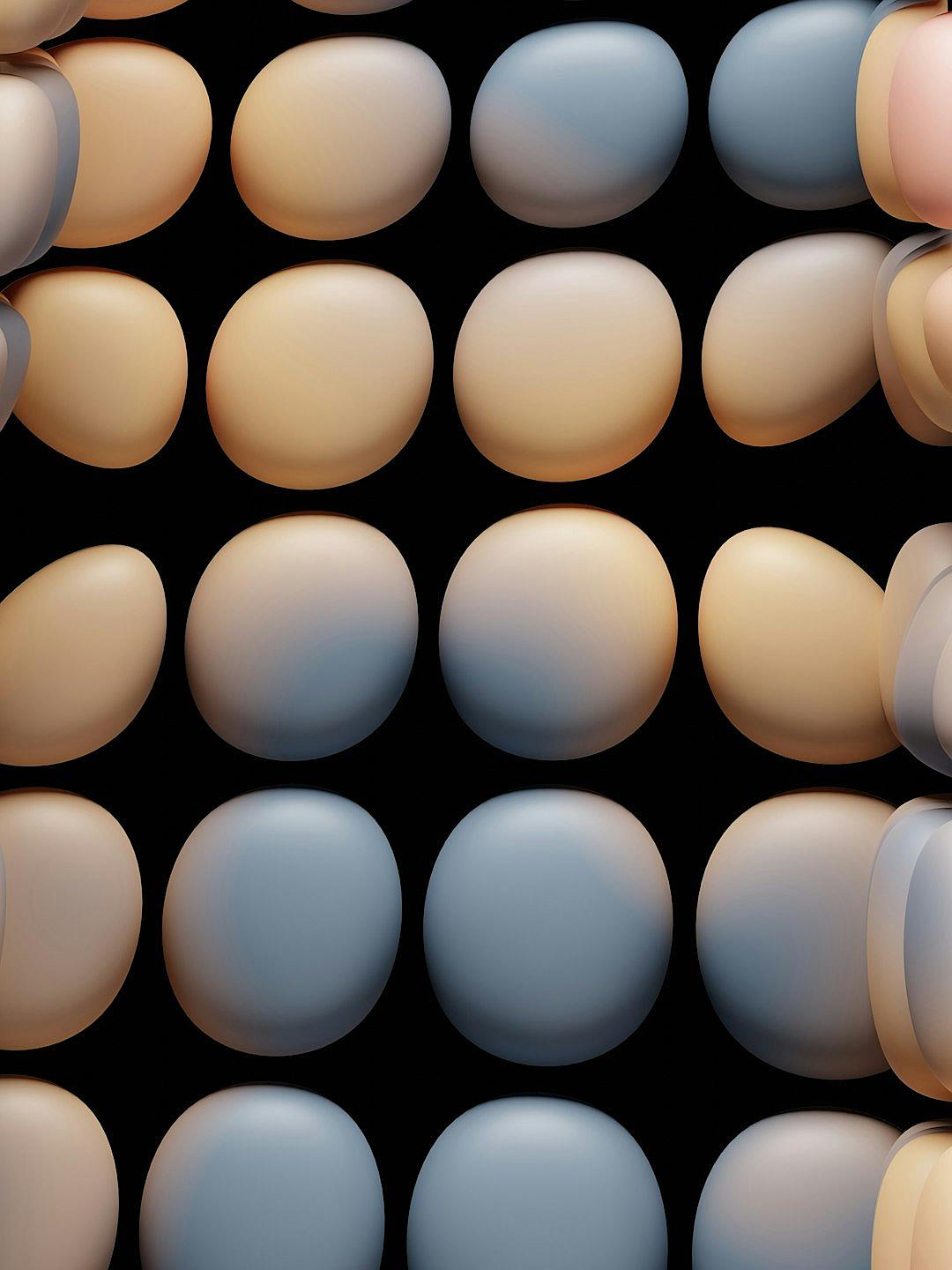 A grid of smooth matte spheres in different shades of beige and light blue, arranged on a black background in a symmetrical and seamless fashion, with soft lighting, rendered in a photorealistic and hyperrealistic style at a high resolution.