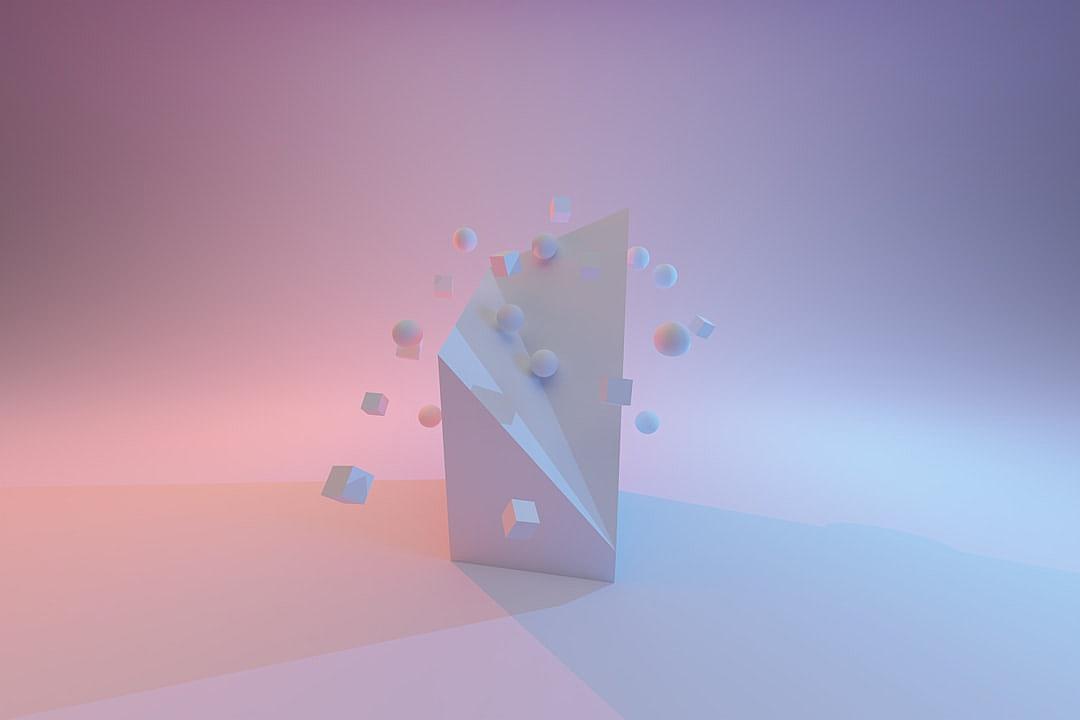 A simple white paper box is flying in the air, with small geometric shapes floating around it on a gradient background. The colors of blue and pink highlight its three-dimensional shape. It has an animated effect and looks like in the style of cinema4d rendering. A sense of technology was used to create it. There were several soft light colored cubes next to it. This design highlights that the objects have dynamic effects. In front view.